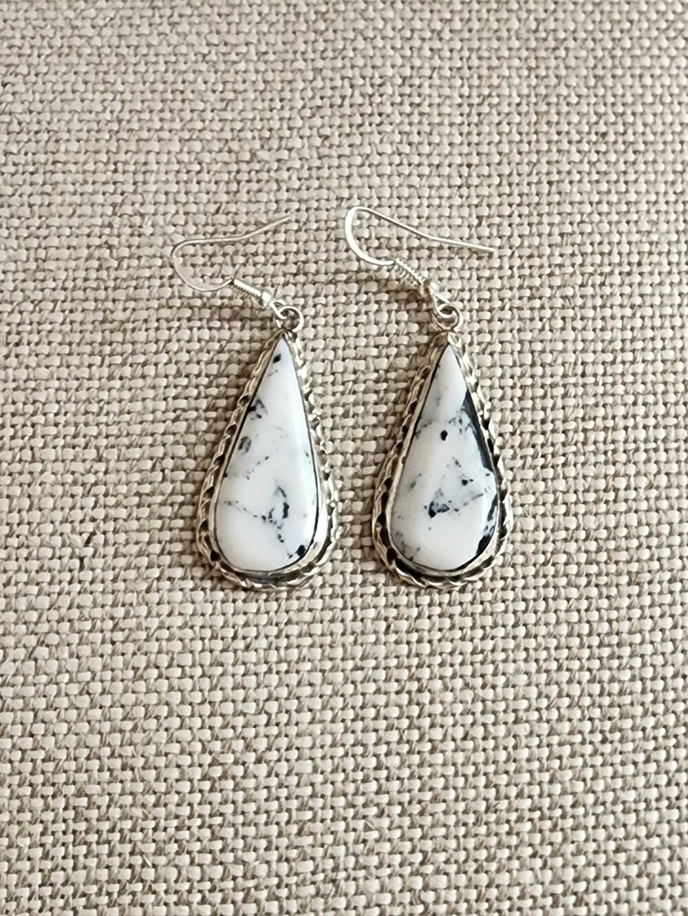 White Buffalo Teardrop Stone Dangle Earrings Sterling Silver By Navajo Artist